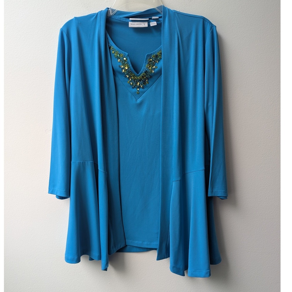 Susan Graver Cardigan Set Blue Beaded V-Neck 2 Piece Liquid Knit Sz S Elegant